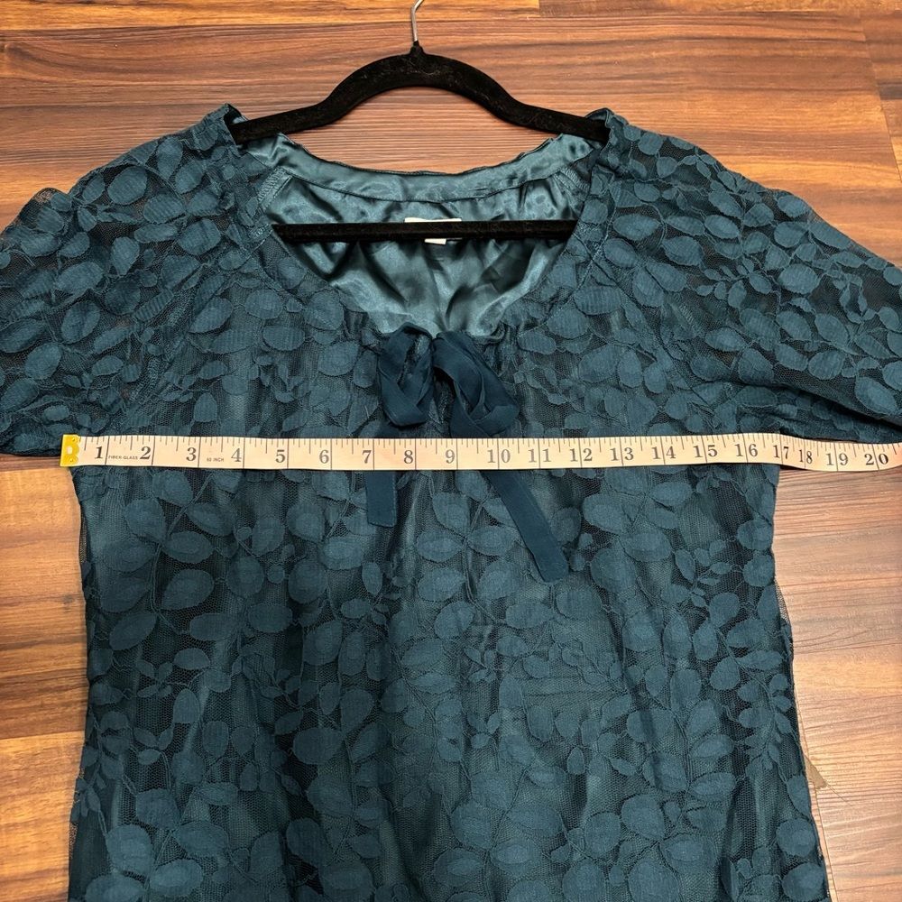 Garnet Hill Sz 10 Dark Teal Boheme Easy Lace Dress 3/4 Sleeve Tie Neck - Picture 6 of 8